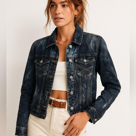 Aeropostale Rhinestone Star Patched Reworked Distressed Blue Black Denim Jacket - Picture 3 of 11